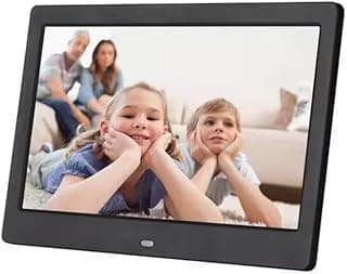 Porta-retrato digital de 10 polegadas com controle remoto, exibe foto de família sorridente