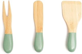 Utensílios de bambu com cabos verdes: garfo, faca e espátula