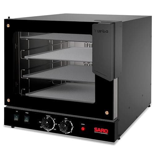 Forno turbo elétrico SARO com quatro esteiras, cor preta, porta aberta