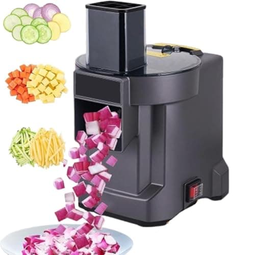 Máquina elétrica de cortar legumes 3 em 1, mostrando pedaços de vegetais cortados em um prato, com fundo branco.