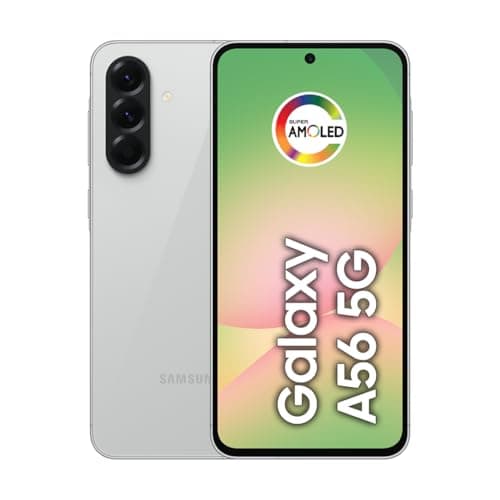 Smartphone Samsung Galaxy A56 5G com tela Super AMOLED e câmera tripla, cor cinza.