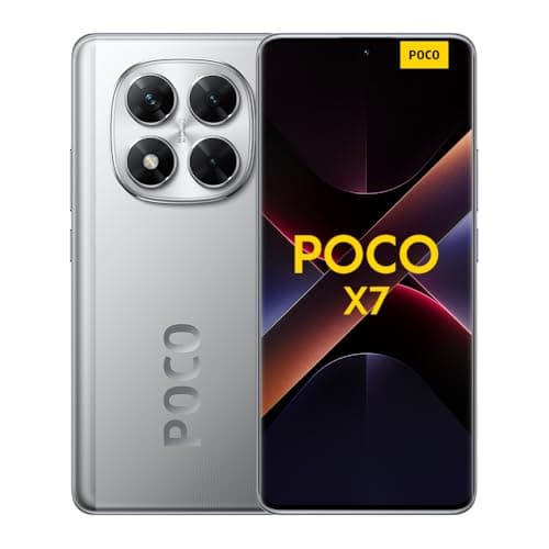 Smartphone Xiaomi Poco X7 5G NFC em prata, mostrando a parte traseira e frontal do dispositivo com acabamento metálico prata.