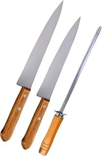 Kit com 2 facas inox e 1 chaira de inox com cabo de madeira