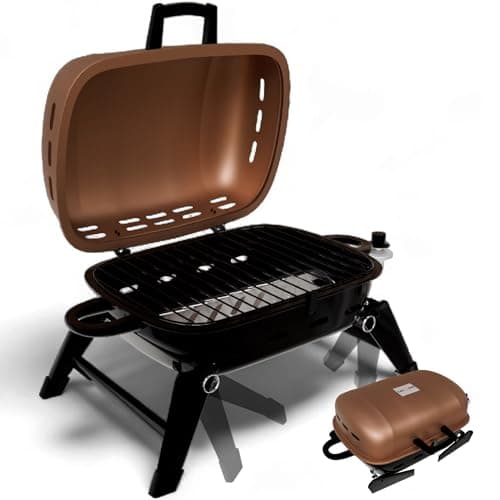 Churrasqueira portátil de mesa GasOne com grelha preta e tampa marrom, fácil de usar e com botão de controle de temperatura.