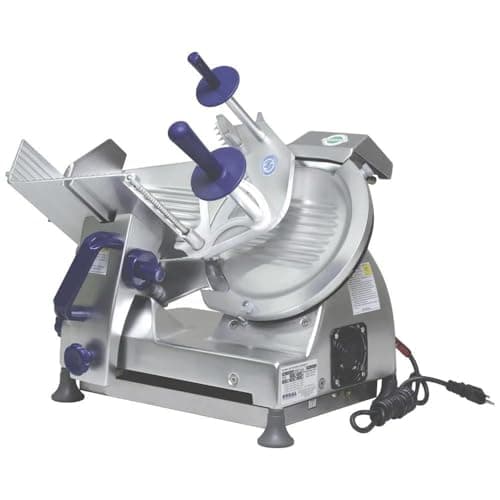 Fatiador e Cortador de Frios Semi Automático Gural 25 cm GLP250, máquina metálica prata com detalhes em azul, fundo branco
