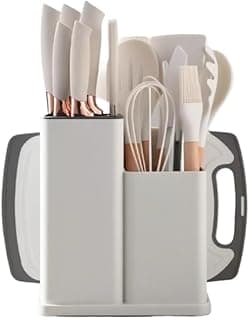 Kit Utensílios de Cozinha Silicone com Cabo de Madeira e Jogo de Facas 19 Peças com Tábua e Suporte Resistente Antiaderente Cozinha Completa(Branco)