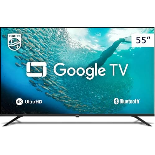 Smart TV Philips 55'' 4K UHD com Google TV, mostrando uma cena submarina com peixes, logotipo da Philips e ícones de 4K UltraHD e Bluetooth.