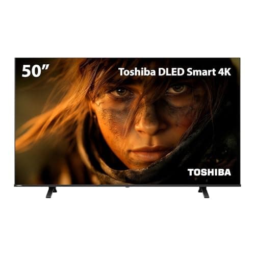 Smart TV DLED 50'' 4K Toshiba VIDAA 3 com imagem de uma mulher com o rosto marcado