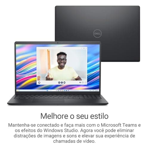 Notebook Dell 15 preto em primeiro plano com seu modelo atrás, tela aberta.