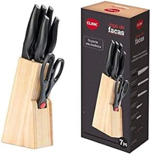 Set de facas de aço inox com suporte de madeira e tesouras pretas, 7 peças, Clink