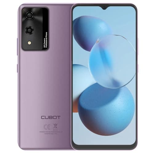 CUBOT A10 smartphone em cor roxa, ângulo frontal e traseiro, mostrando câmera traseira e logotipo CUBOT.