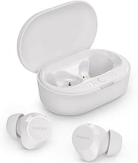 Fone de ouvido Bluetooth branco Philips TAT1209 com estojo de carregamento aberto