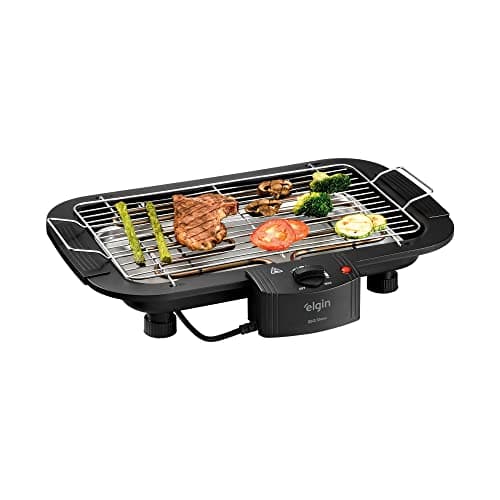 Churrasqueira elétrica de mesa Elgin com grelha removível e controle de temperatura, grelhando alimentos