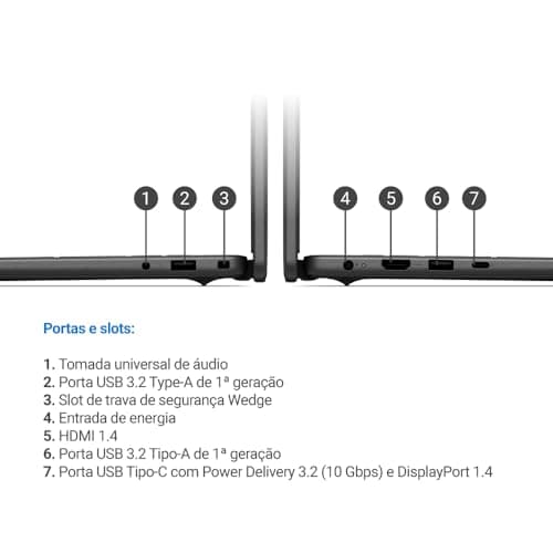 Portas e slots do notebook Dell Inspiron 16 FHD+ Intel Core 5 16GB 1TB SSD Preto.