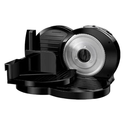 Fatiador de Frios Oz Power Elétrico, preto e prata, ângulo frontal, fundo branco