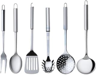 Kit 6 Utensílios para Cozinha em Aço Inox, Concha, Colher de Arroz, Escumadeira, Espátula Vazada, Pegador de Massa, Garfo Trinchante