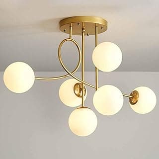 Luminária de teto moderna com seis globos de vidro e estrutura dourada