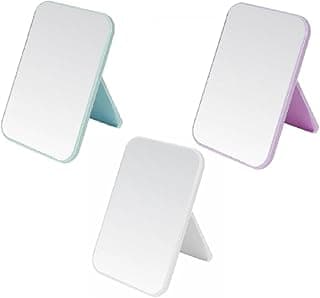 Espelho retangular de mesa com suporte para maquiagem em branco, azul e roxo.