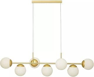 Lustre pendente com sete globos brancos e suporte dourado