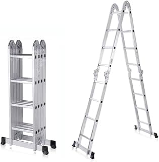 Escada articulada 4x4 de alumínio 16 degraus Worker, modelo compacto e aberto, fundo branco