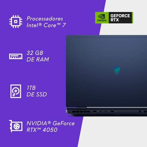 Notebook gamer Dell Alienware 16 Aurora AC16250 AC16-C7240H-M80, 16'' WQXGA, Intel Core 7, 32GB RAM, 1TB SSD, GPU GeForce RTX, tela QHD+ 120Hz