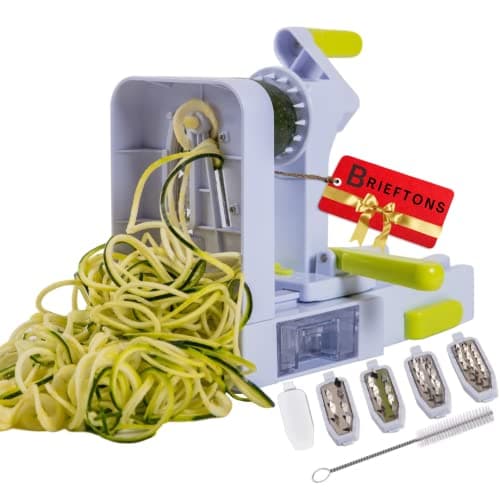 Brieftons Espiralizador QuickFold de 5 lâminas: cortador espiral dobrável versátil e compacto, melhor máquina de espaguete de macarrão vegano para baixo teor de carboidrato/paleo/sem glúten com pincel e 4 eBooks de receitas