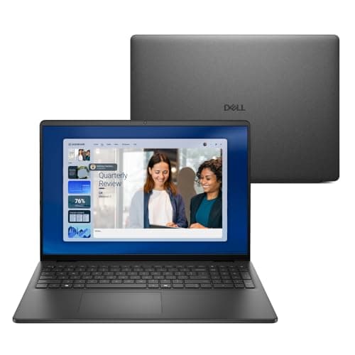 Notebook Dell 16 polegadas FHD+ aberto com interface de software mostrando duas mulheres