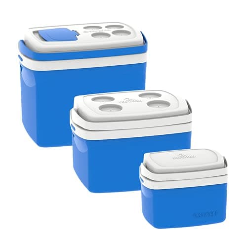 Combo de caixas térmicas Soprano Tropical, azul e branco, 32L, 12L e 5L, em fundo branco.
