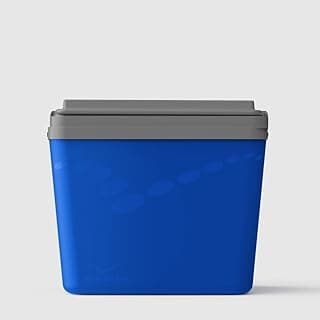Caixa térmica azul com tampa cinza sobre fundo branco