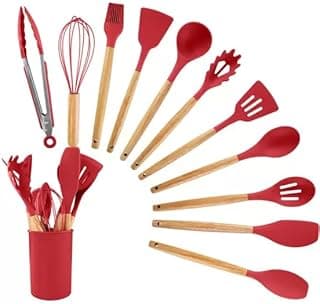 Kit 12 Utensílios De Cozinha Em Silicone E Cabo De Madeira Jogo De Utensílios Resistente ao Calor Antiaderente Premium Vermelho RAECOMM