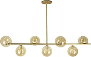 Luminária pendente dourada linear moderna com sete globos âmbar de 105cm ajustável para decoração