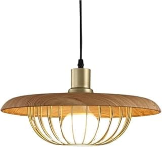 Luminária pendente industrial com cúpula de madeira e estrutura metálica dourada