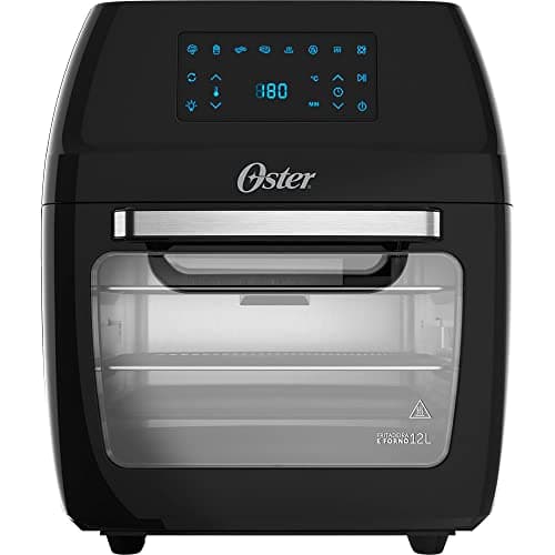 Fritadeira Oven Fryer 12L Oster 3 em 1-127V, design preto e aço, tela digital, logotipo da Oster