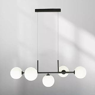 Lustre moderno linear com 5 globos de vidro transparente, iluminação pendente para sala de jantar, cor preta