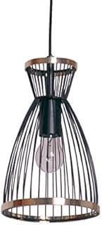 Pendente metálico preto e dourado com cúpula e bulbo incandescente visível