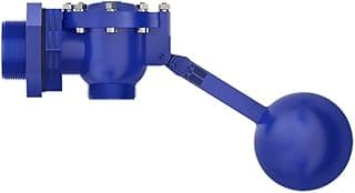 Torneira de boia para caixa d'água azul, 2 polegadas, com flutuador esférico e alavanca de ajuste, fundo branco.
