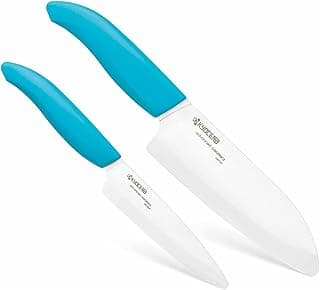 Conjunto de facas de cerâmica azul e branca da Kyocera, lâminas brancas com cabos azuis