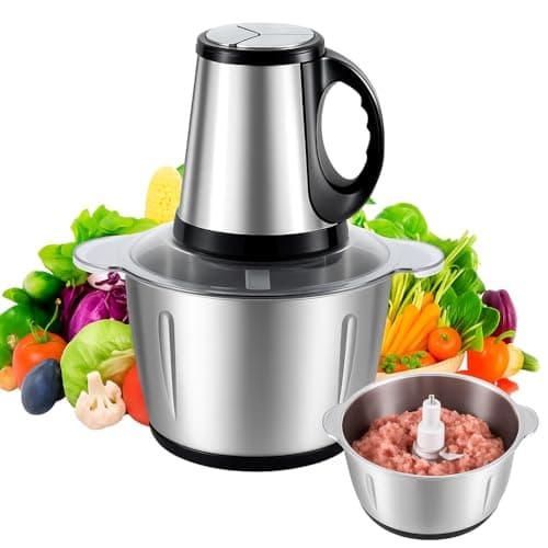 Multiprocessador de alimentos elétrico 3L com tigela removível e lâminas, ao lado de frutas e legumes.