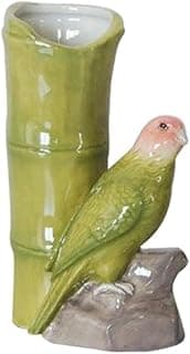 Pássaro decorativo verde em resina plástica com vaso de bambu verde