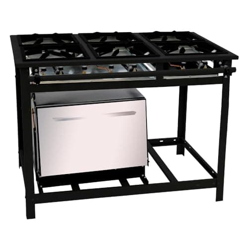 Fogão industrial a gás Venâncio 6 bocas com forno, estrutura preta e forno branco.