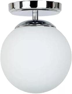 Luminária de teto esférica com cúpula de vidro branco e estrutura metálica prateada