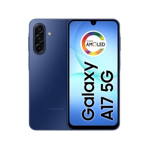 Imagem do Samsung Galaxy A17 5G, 128GB, 4GB, 50MP, tela de 6,7 polegadas, cor azul, mostrando a parte traseira.