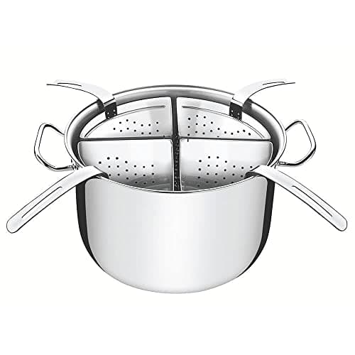 Panela Cozi-Pasta Tramontina em aço inoxidável com quatro divisórias e alças laterais, fundo branco