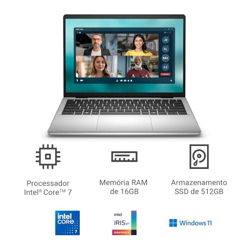 Notebook Dell 14' FHD+ em ângulo lateral com interface de videoconferência