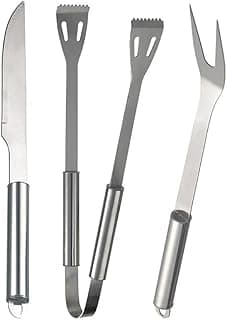 Kit churrasco com faca, garfo, pegador e espeto em metal prata