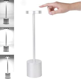 Luminária de mesa prata com iluminação ajustável em três tons, toque sensível.