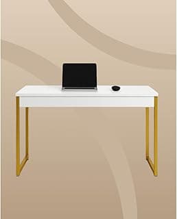 Mesa Escrivaninha Industrial 90cm MDP Aço Resistente para Home Office Estudo Penteadeira (Branco e Dourado)