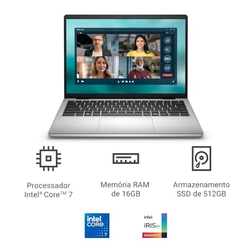 Notebook Dell 14' FHD+ aberto mostrando uma reunião virtual com quatro participantes