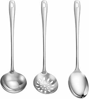 Kit de utensílios de cozinha de aço inoxidável com escumadeira, concha e colher de arroz