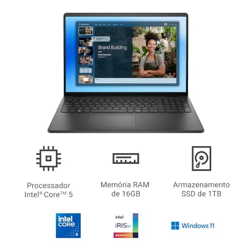 Notebook Dell de 16 polegadas aberto com interface de usuário na tela